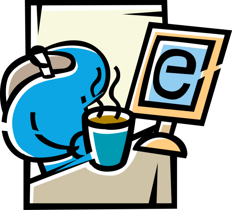 Vector Illustration of Businessman Takes Coffee Break Browsing Online Internet on Computer Monitor
