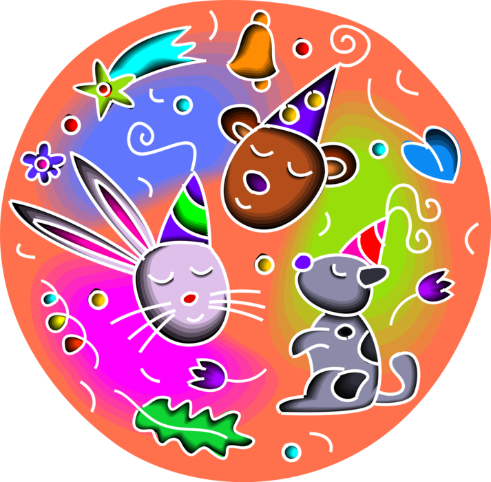Vector Illustration of Birthday Party Animals Celebrate with Party Hats