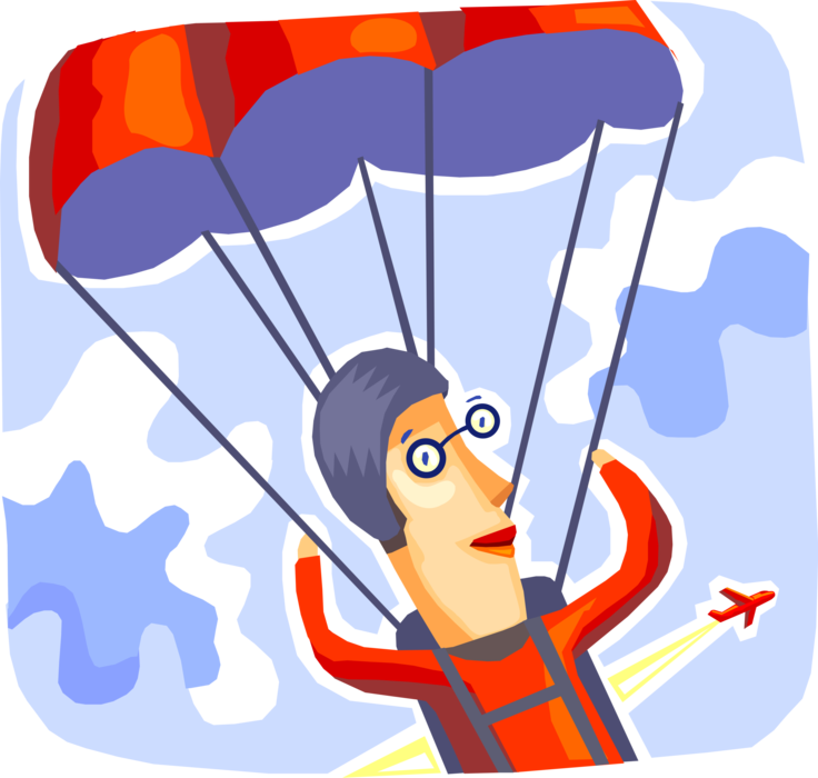 Vector Illustration of Skydiver Jumps From Plane in Free-Fall Dive with Parachute While Skydiving