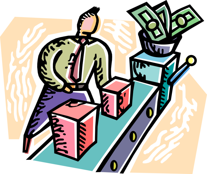 Vector Illustration of Businessman Converts Investment Cash Money Dollars into Manufactured Products on Assembly Line