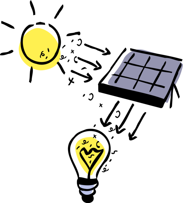 Vector Illustration of Harnessing and Distributing Renewable Photovoltaic Solar Energy Electrical Power
