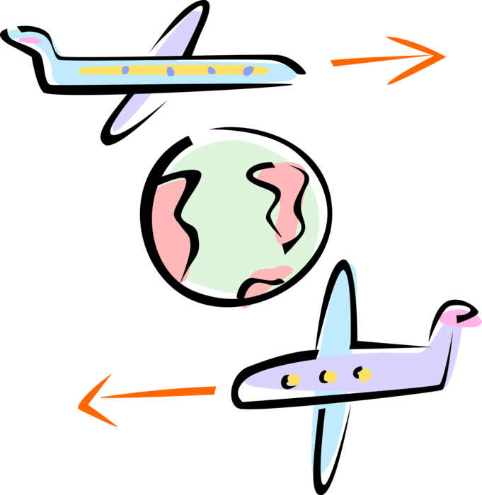 Vector Illustration of Commercial Passenger Jet Aircraft Airplanes Fly Around the World