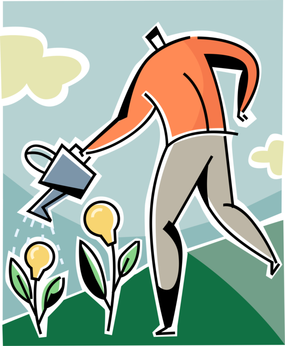Vector Illustration of Businessman Gardener Waters and Nurtures New Ideas and Innovation Flower Plants with Watering Can