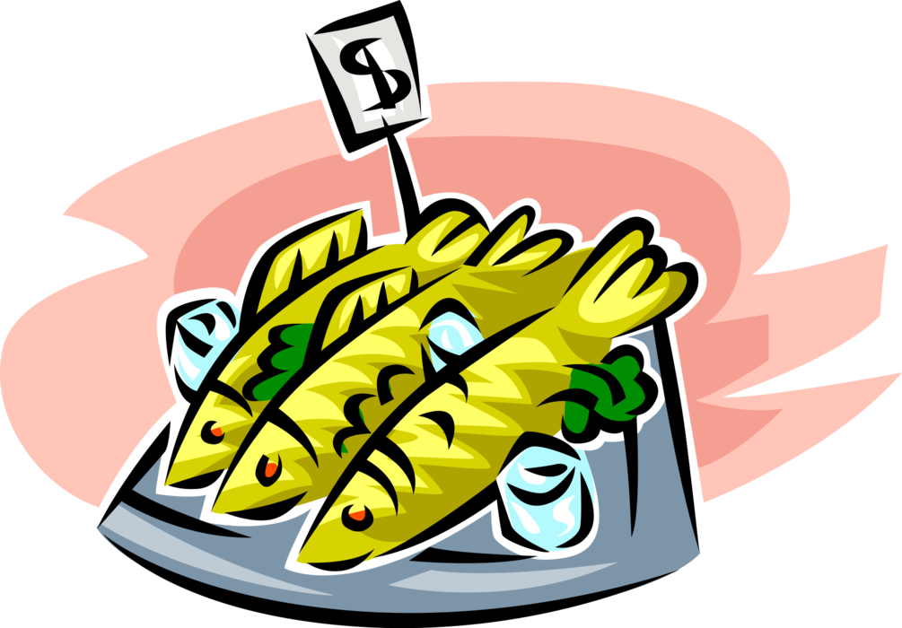 Vector Illustration of Fresh Fish at Retail Fish Market with Price Tag
