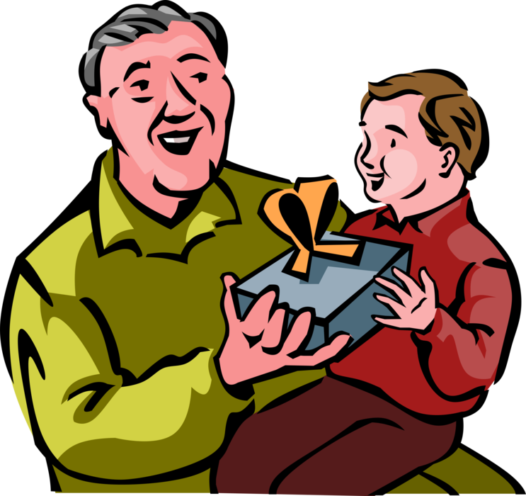 Vector Illustration of Retired Elderly Senior Citizen Grandfather Gives Birthday Present Gift to Grandson
