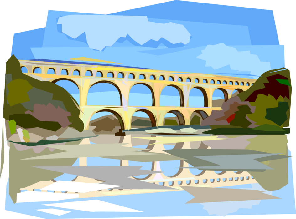 Vector Illustration of Pont du Gard Ancient Roman Aqueduct Over Gardon River in France