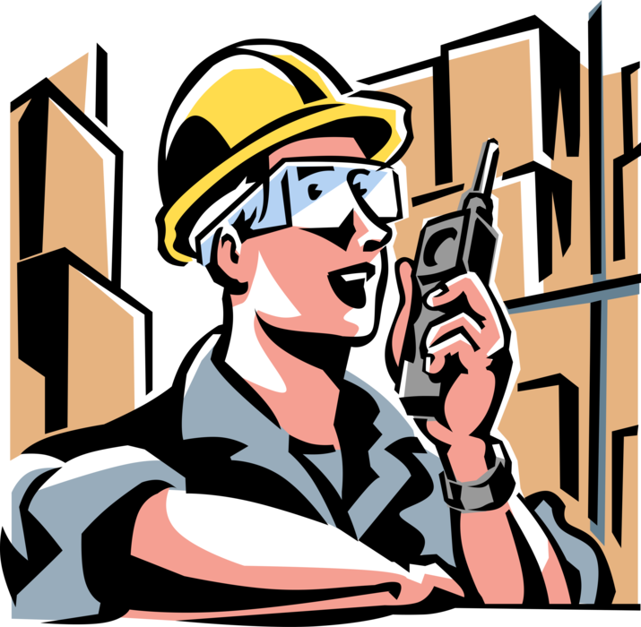 Vector Illustration of Building Construction Site Manager Foremen Delivers Instructions via Walkie-Talkie