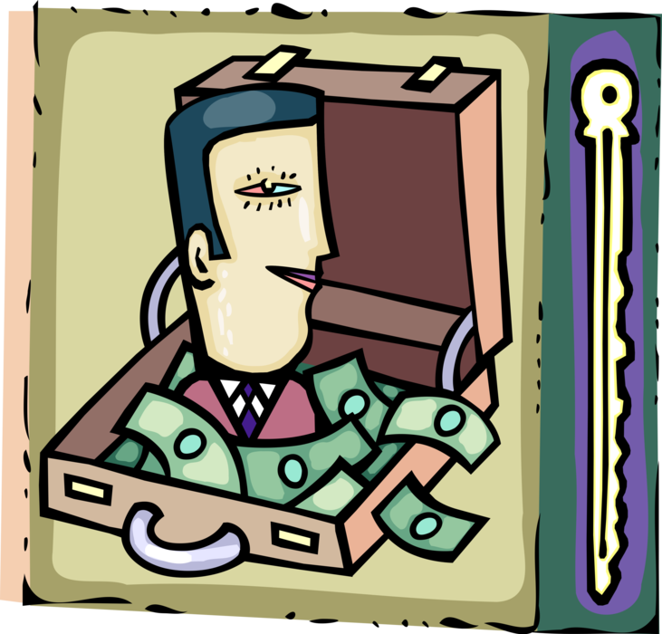Vector Illustration of Successful Businessman Finds Key to Financial Success with Briefcase Full of Cash Money Dollars