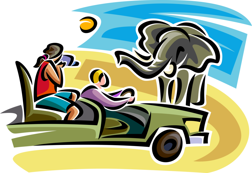 Vector Illustration of Tourists Record Video on Safari in Africa with African Elephant