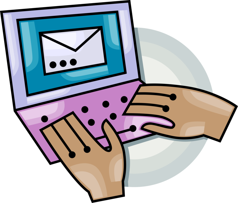 Vector Illustration of Hands Send Email Correspondence Message on Laptop or Notebook Portable Personal Computer