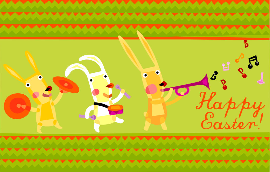 Vector Illustration of Happy Easter Greeting Card with Easter Bunny Rabbit Musical Band Playing Instruments