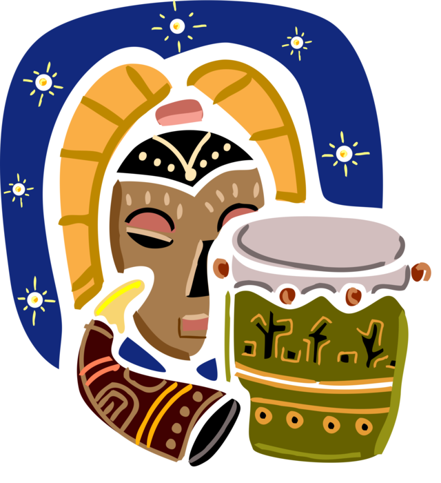 Vector Illustration of African Djembe Skin-Covered Drum with Horn and Carved Wooden Tribal Mask