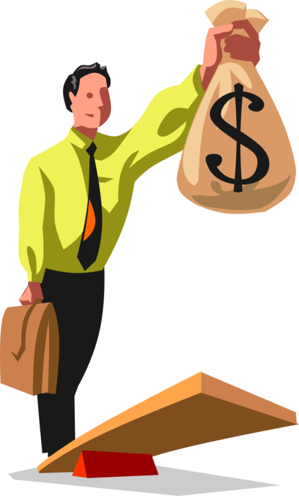 Vector Illustration of Businessman Stands on Pivoting Lever with Fulcrum Using Cash Money Dollars to Achieve Balance