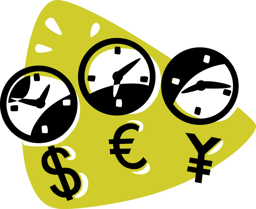 Vector Illustration of International Stock Market Wall Clocks and Currency Symbols