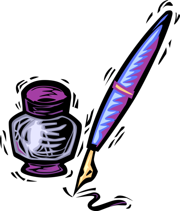 Vector Illustration of Ink Bottle with Fountain Pen Writing Instrument