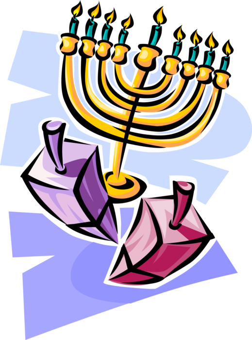 Vector Illustration of Jewish Chanukah Hanukkah Menorah Lampstand Candles Candelabrum and Dreidel Tops