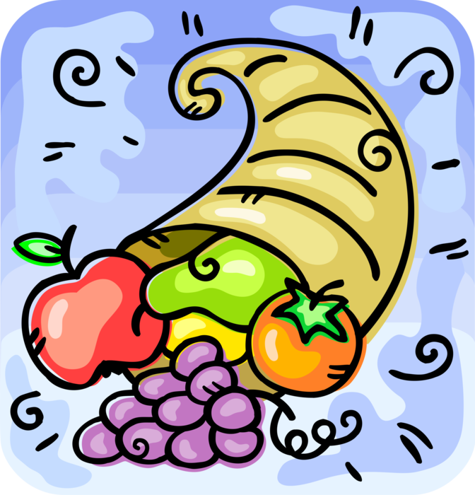 Vector Illustration of Cornucopia Horn of Plenty with Harvest Fruits Apple, Orange, Pear and Grapes