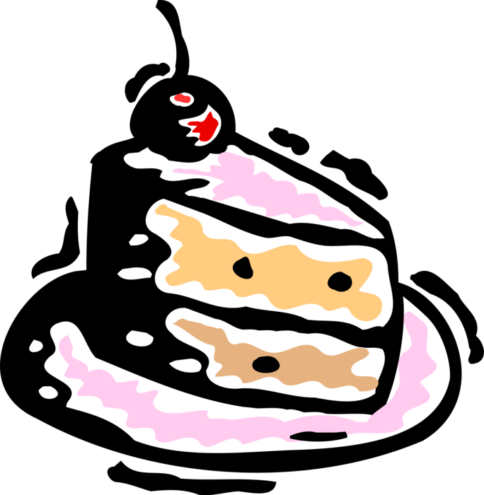 Vector Illustration of Sweet Dessert Baked Cake Pasty Slice with Fruit Cherry