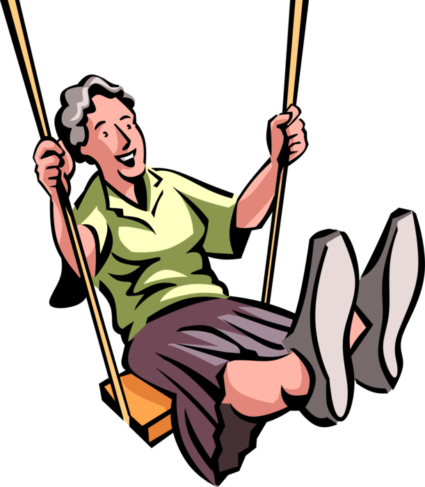 Vector Illustration of Retired Elderly Senior Citizen Free as Bird Swinging on Swing in Playground Park