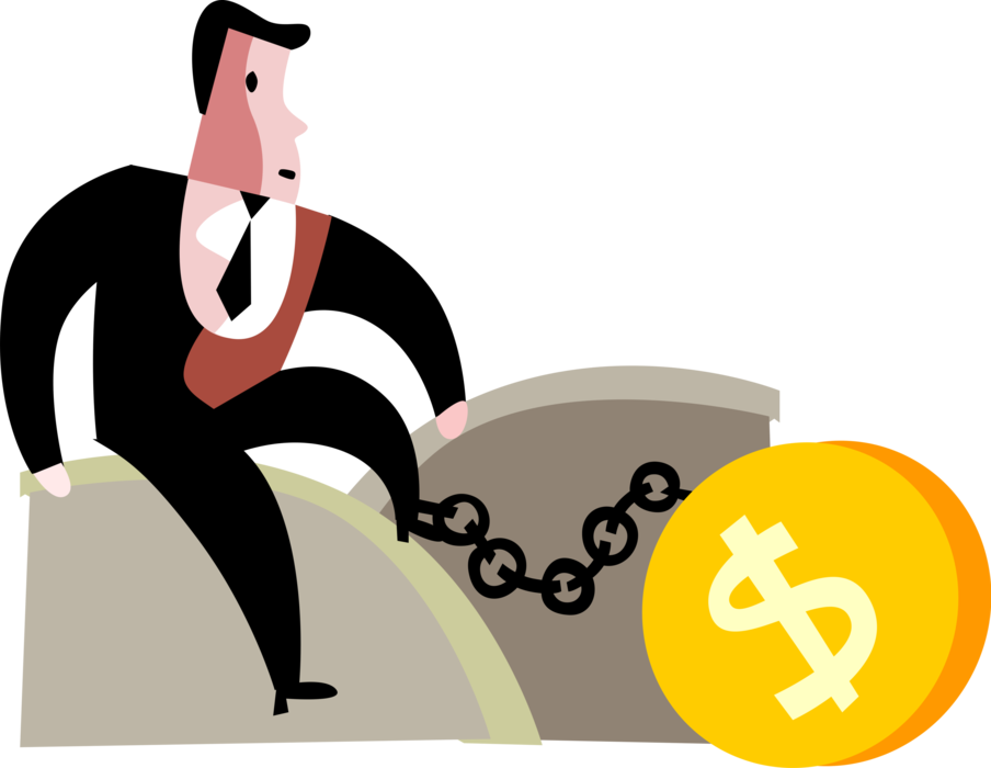 Vector Illustration of Businessman Constrained by Cash Money Leg Irons, Legcuffs Physical Ankle Restraints, Ball and Chain