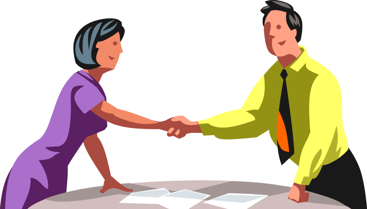 Vector Illustration of Businessman and Woman Shaking Hands in Boardroom with Greeting or Agreement Handshake