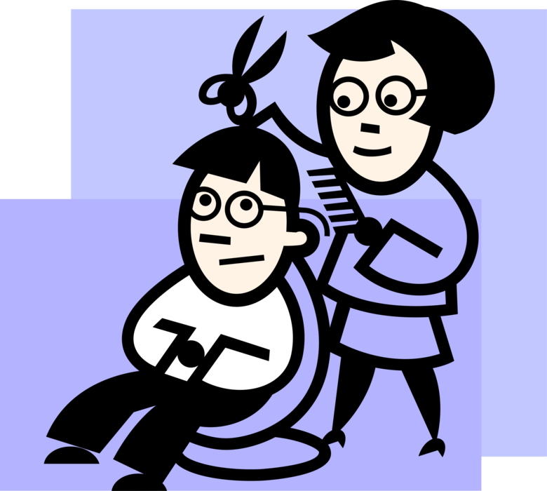 Vector Illustration of Customer Gets Haircut from Stylist Barber with Scissors and Comb