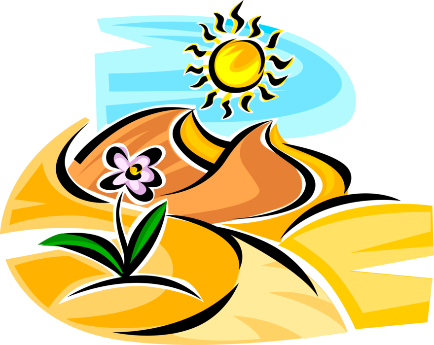 Vector Illustration of Flower Sprouts and Blooms in Desolate Dry Desert Environment Sand Dunes with Sun