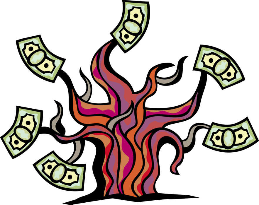 Vector Illustration of Money Tree Idiom Money Doesn't Grow on Trees with Cash Dollar Bills