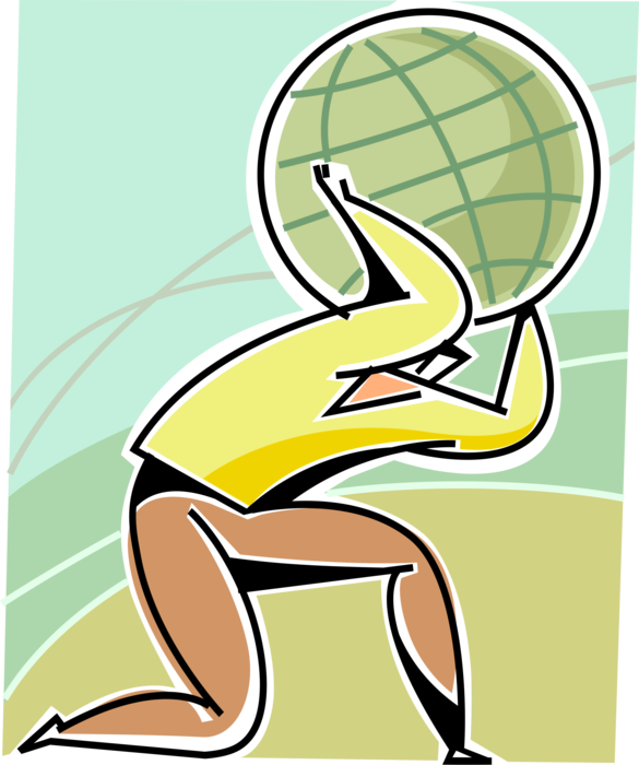 Vector Illustration of Businessman Mythological Atlas Carrying Weight of the World on Shoulders