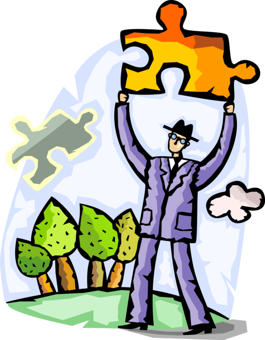 Vector Illustration of Businessman Outdoors Holds Essential Missing Piece of Puzzle to Solve Problem