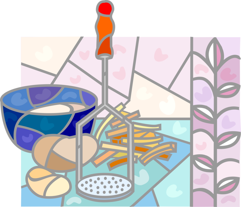 Vector Illustration of Kitchen Bowl of Mashed Potatoes, French Fries and Potato Masher with Floral Ceramic Tiles