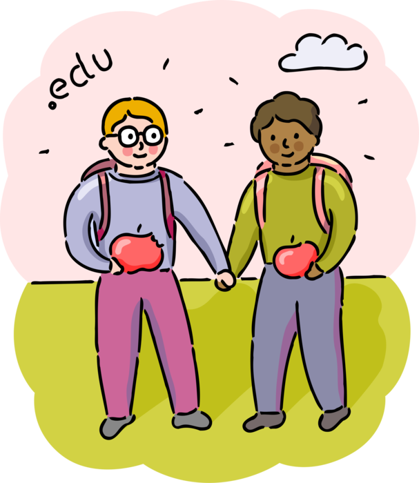 Vector Illustration of Best Friend High School Students Hold Hands with Apples Symbol of Knowledge for Teacher