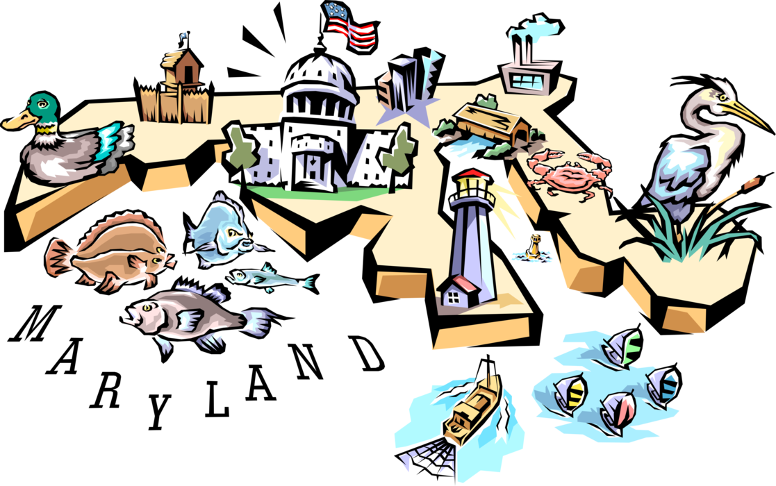 Vector Illustration of State of Maryland Vignette Map with Tourism Infographic Icons, United States of America