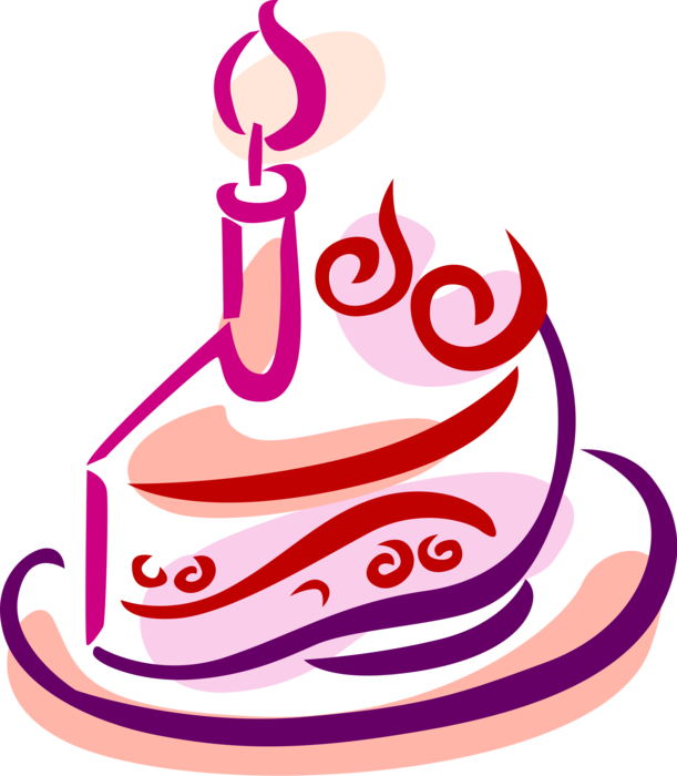Vector Illustration of Slice of Birthday Cake with Lit Candle