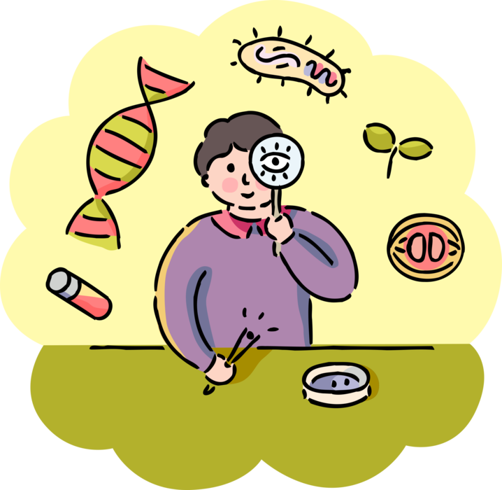 Vector Illustration of Student in Science Class with DNA and Magnification Through Convex Lens Magnifying Glass