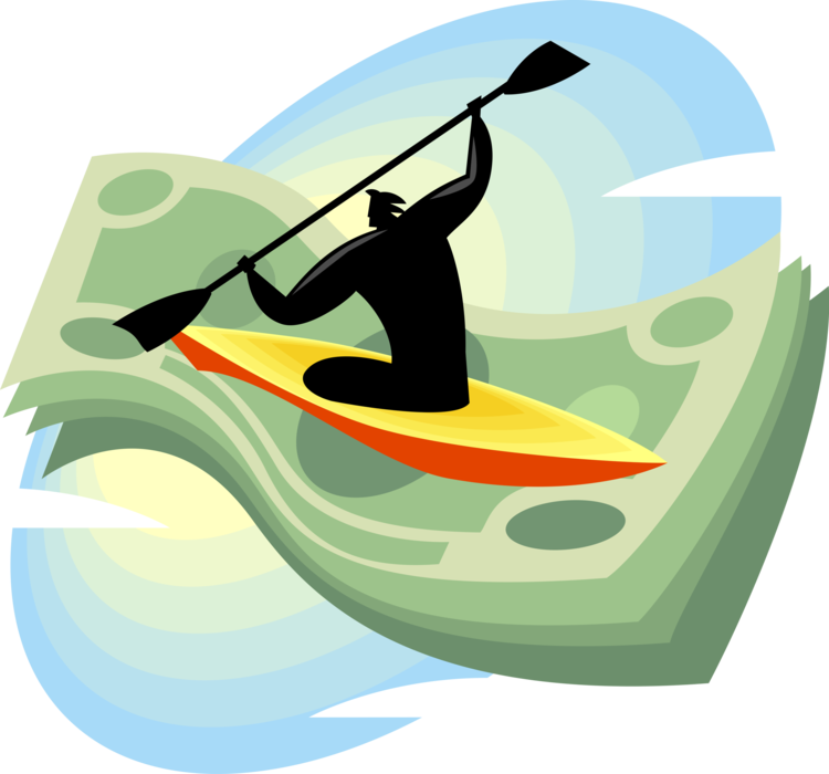Vector Illustration of Businessman Kayaker in Kayak Paddles Through Currency Cash Money Dollar Bill Waves