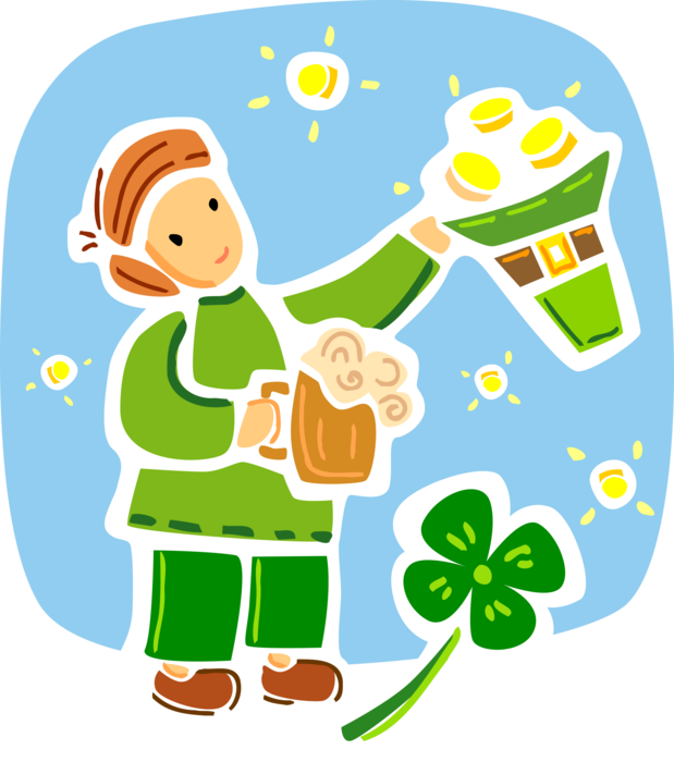 Vector Illustration of St Patrick's Day Irish Leprechaun Drinks Mug of Beer with Four-Leaf Clover Shamrock