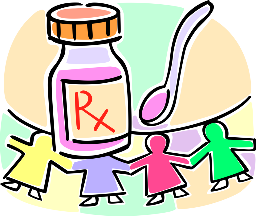 Vector Illustration of Children's Prescription Cough Medication Medicine Bottle and Spoon