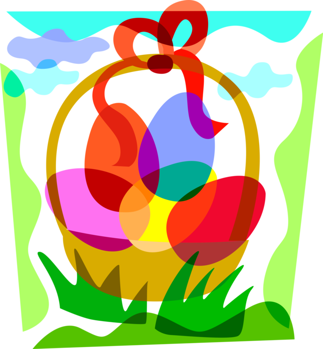 Vector Illustration of Wicker Basket of Colored Decorated Easter Eggs with Ribbon Bow