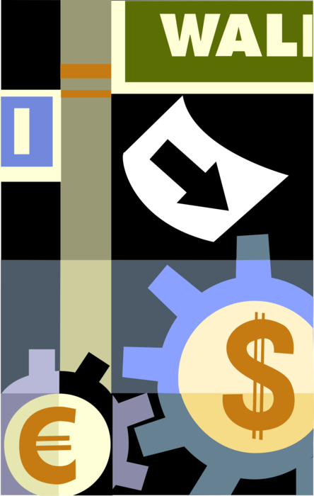 Vector Illustration of Wall Street Stock Market Cogwheel Gear Mechanism Drives Financial Markets with Euro and Dollar Signs