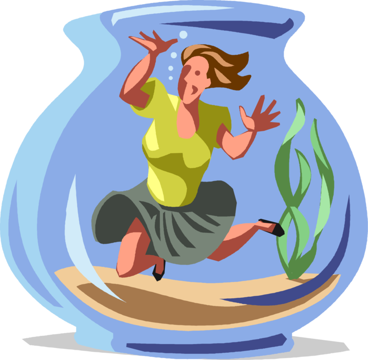 Vector Illustration of Businesswoman Drowning in Fish Bowl
