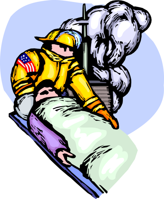 Vector Illustration of Firefighter Fireman Provides Rescue Services Helping Injured and Wounded at Ground Zero on 9/11
