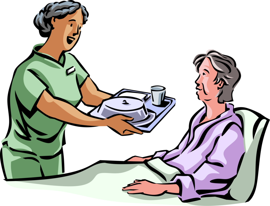 Vector Illustration of Hospital Attendant Nurse Orderly Delivers Meal to Elderly Senior Citizen Patient 