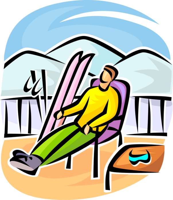 Vector Illustration of Alpine Downhill Skier Relaxes in Chair at Winter Ski Resort