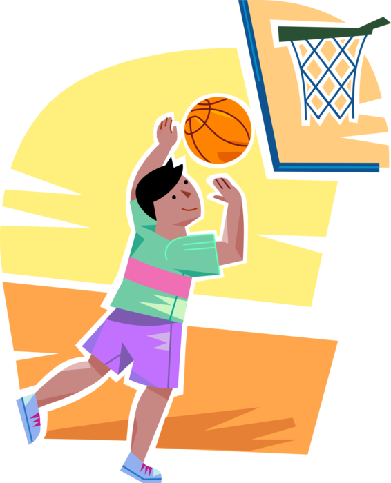 Vector Illustration of Young Boy Plays Basketball Takes Jump Shot with Ball at Net Hoop