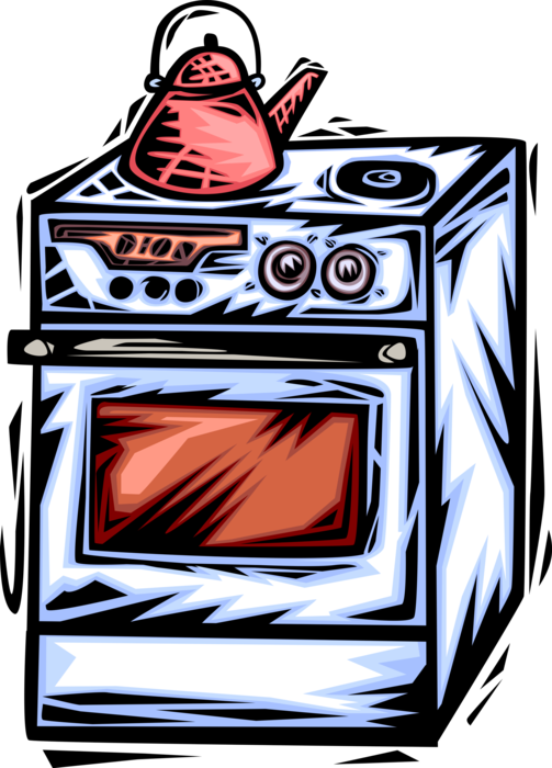 Vector Illustration of Kitchen Appliance Stove, Range or Oven with Kettle to Heat Water
