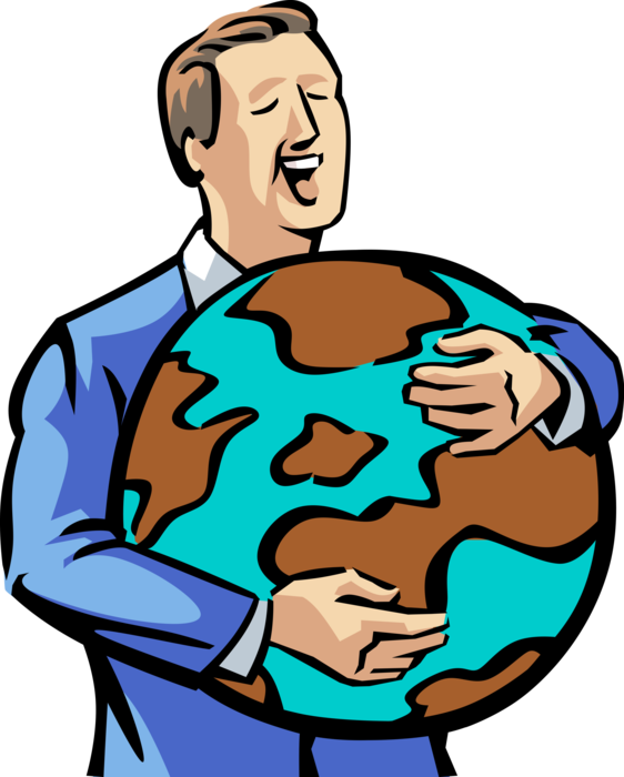 Vector Illustration of Businessman Hugs World Globe in Pursuit of International Markets for Business Opportunity