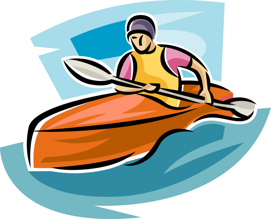 Vector Illustration of Kayaker Paddles Kayak Watercraft Boat in Rapids with Paddle Oar
