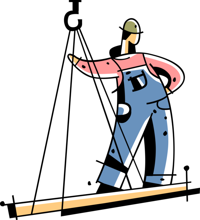 Vector Illustration of Building Construction Job Site Worker Tradesman Rides Steel Girder Beam on Crane Lifting Hook