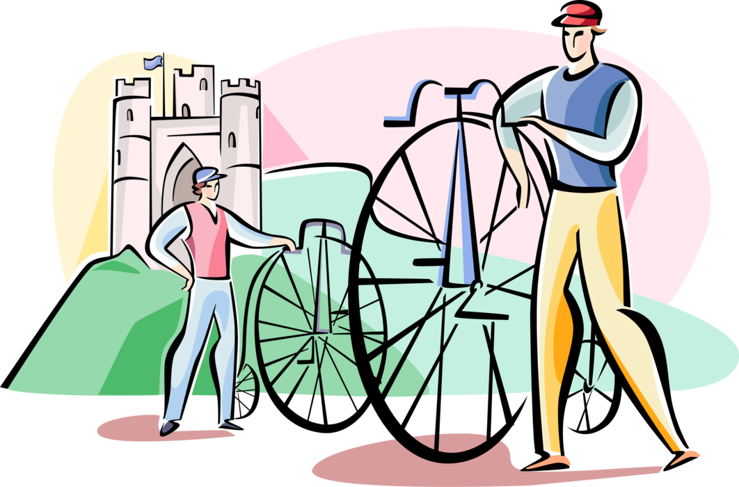 Vector Illustration of English Cyclists with Old Time Penny-Farthing Bikes, Great Britain, United Kingdom